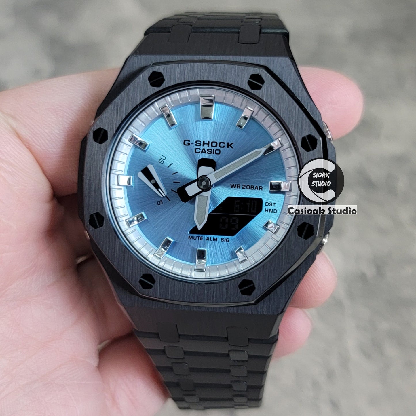 Casioak Mod Watch Black Case Metal Strap Silver Time Mark Ice Blue Dial 44mm- Casioak Mod Casio G-Shock Royal Oak Custom Mens Luxury Watches Ga2100