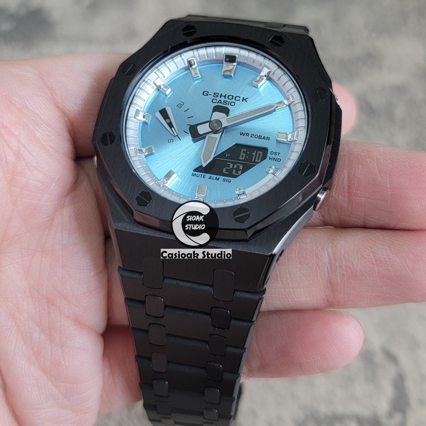 Casioak Mod Watch Black Case Metal Strap Silver Time Mark Ice Blue Dial 44mm- Casioak Mod Casio G-Shock Royal Oak Custom Mens Luxury Watches Ga2100