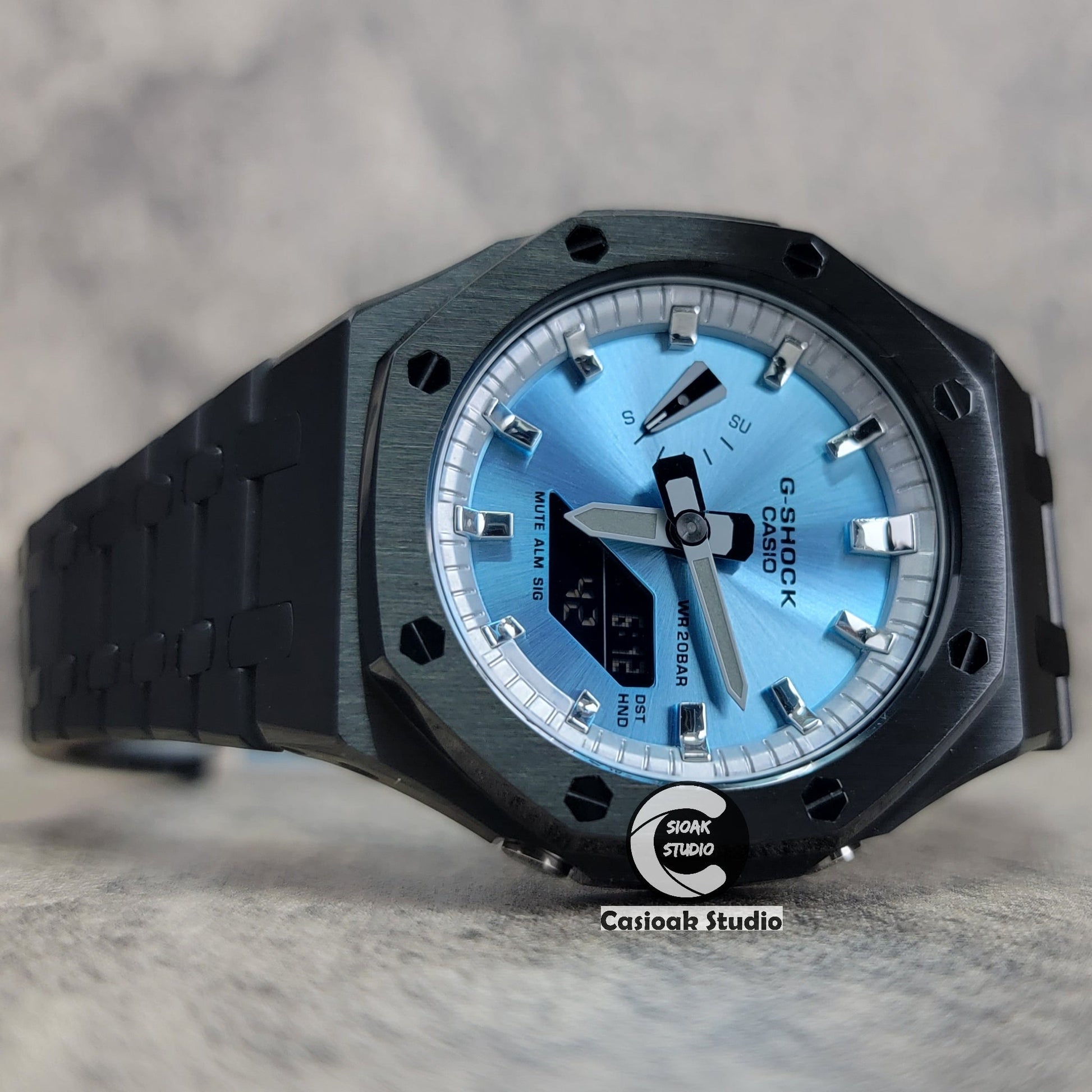 Casioak Mod Watch Black Case Metal Strap Silver Time Mark Ice Blue Dial 44mm- Casioak Mod Casio G-Shock Royal Oak Custom Mens Luxury Watches Ga2100