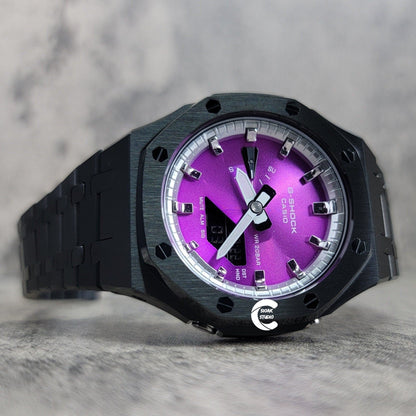 Casioak Mod Watch Black Case Metal Strap Silver Time Mark Purple Dial 44mm- Casioak Mod Casio G-Shock Royal Oak Custom Mens Luxury Watches Ga2100