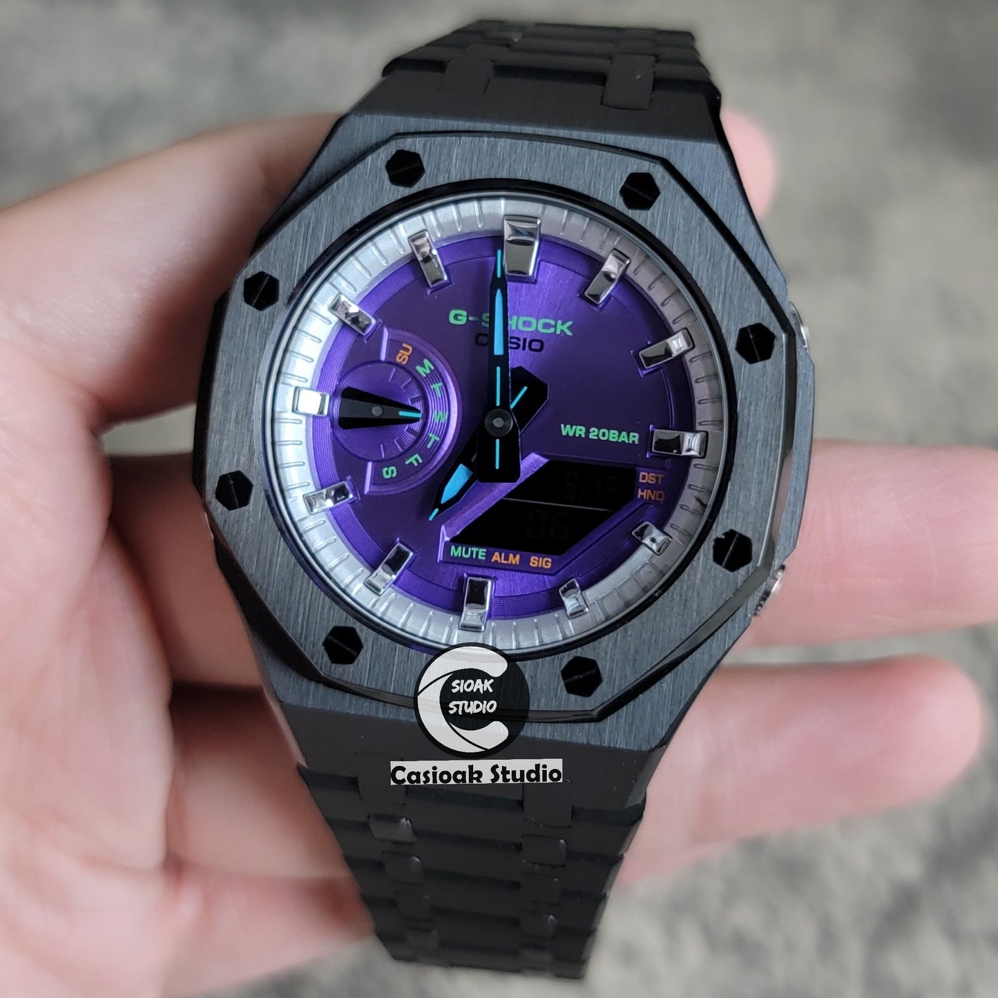 Casioak Mod Watch Black Case Metal Strap Silver Time Mark Purple Dial 44mm- Casioak Mod Casio G-Shock Royal Oak Custom Mens Luxury Watches Ga2100