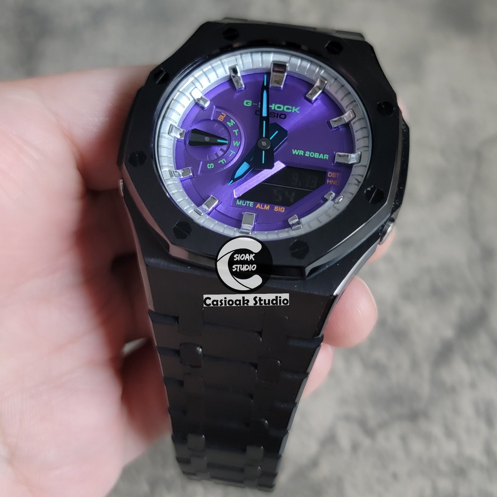 Casioak Mod Watch Black Case Metal Strap Silver Time Mark Purple Dial 44mm- Casioak Mod Casio G-Shock Royal Oak Custom Mens Luxury Watches Ga2100