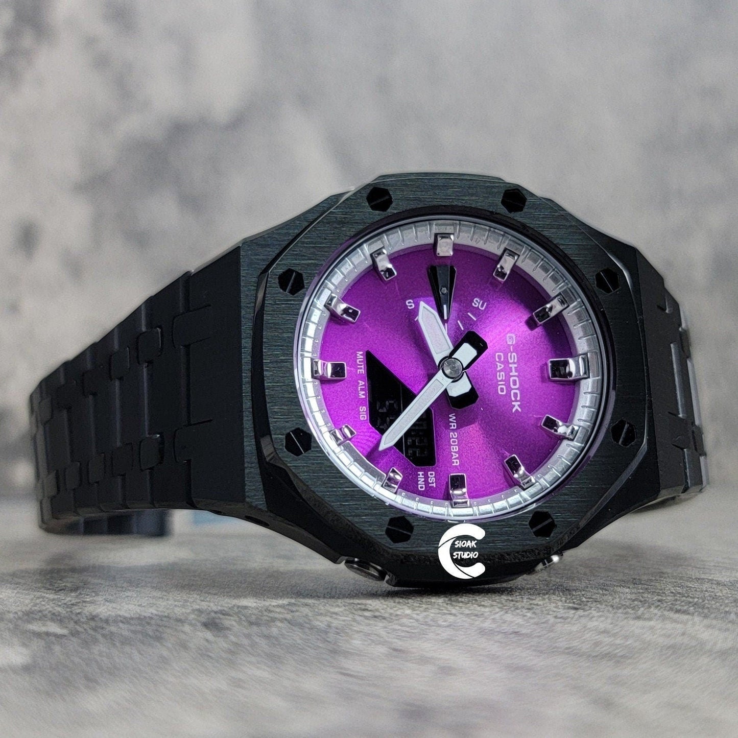 Casioak Mod Watch Black Case Metal Strap Silver Time Mark Purple Dial 44mm- Casioak Mod Casio G-Shock Royal Oak Custom Mens Luxury Watches Ga2100