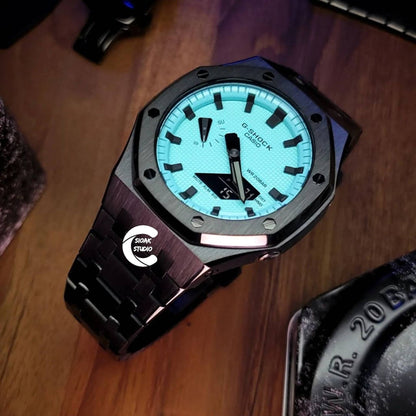 Casioak Mod Watch Black Case Metal Strap Tiff Black Time Mark Tiff Blue Dial 44mm- Casioak Mod Casio G-Shock Royal Oak Custom Mens Luxury Watches Ga2100