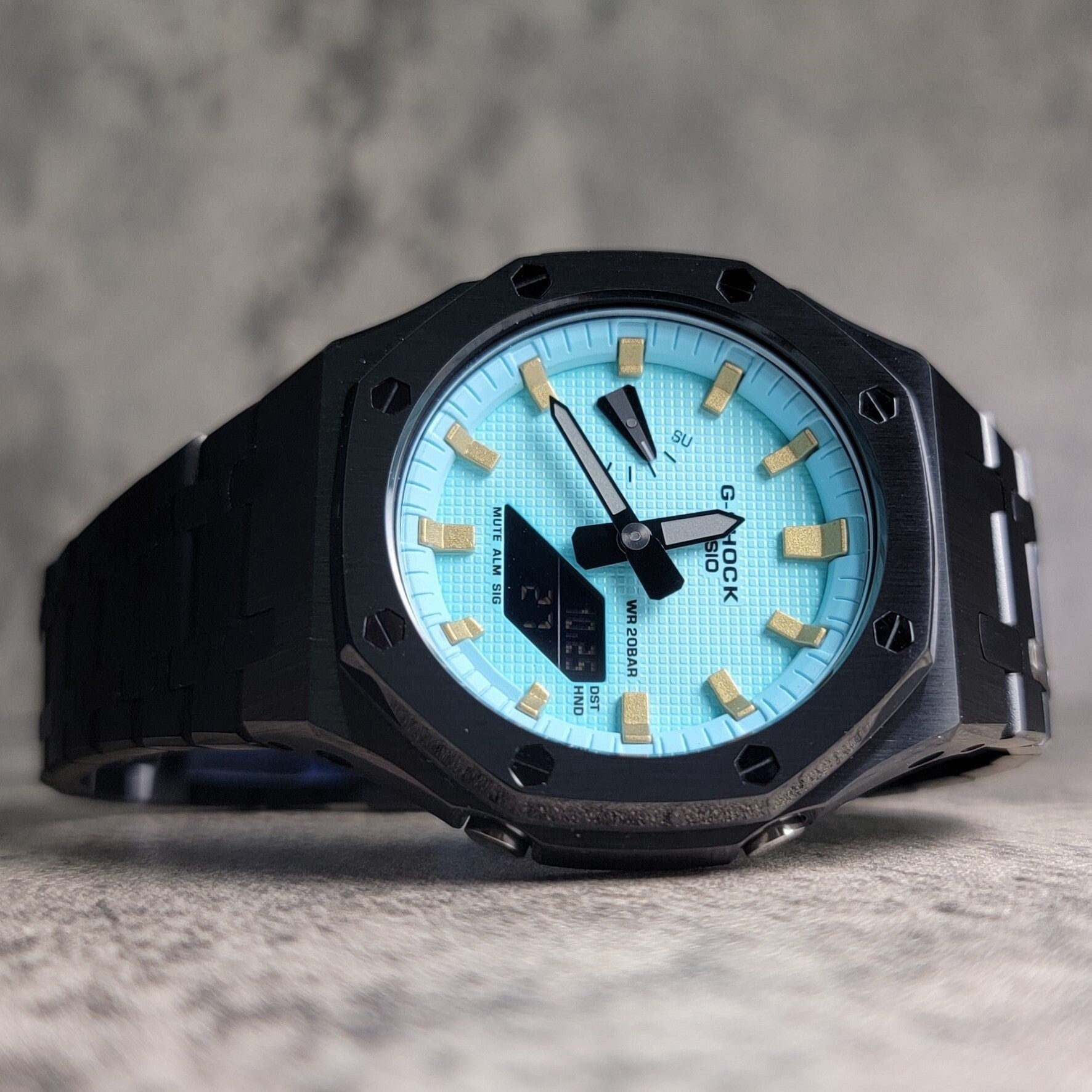 Casioak Mod Watch Black Case Metal Strap Tiff Gold Time Mark Tiff Blue Dial 44mm- Casioak Mod Casio G-Shock Royal Oak Custom Mens Luxury Watches Ga2100