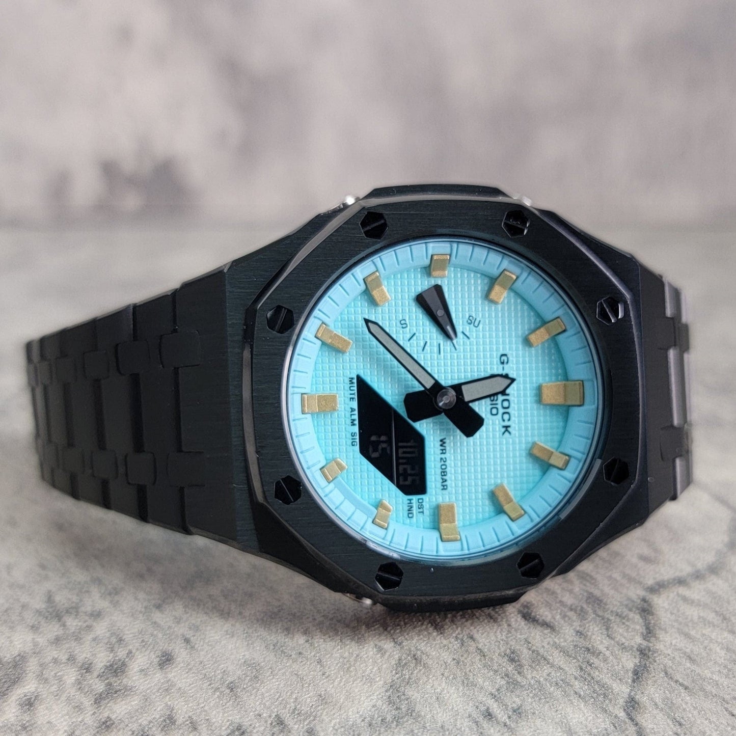 Casioak Mod Watch Black Case Metal Strap Tiff Gold Time Mark Tiff Blue Dial 44mm- Casioak Mod Casio G-Shock Royal Oak Custom Mens Luxury Watches Ga2100