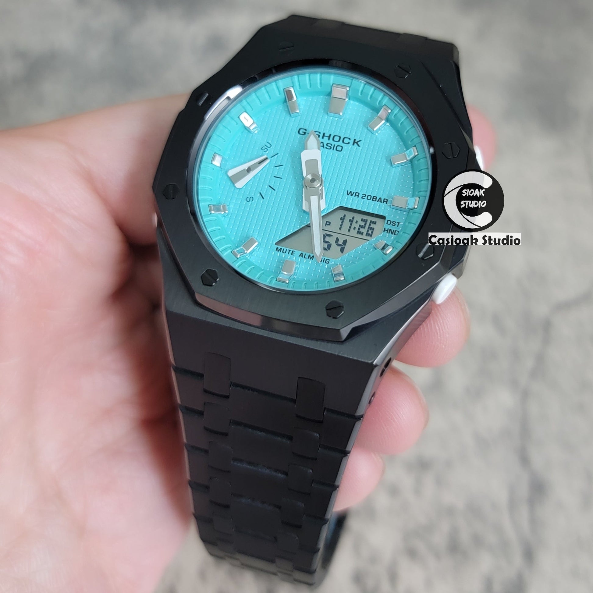 Casioak Mod Watch Black Case Metal Strap Tiff Silver Time Mark Tiff Blue Dial 42mm- Casioak Mod Casio G-Shock Royal Oak Custom Mens Luxury Watches Ga2100