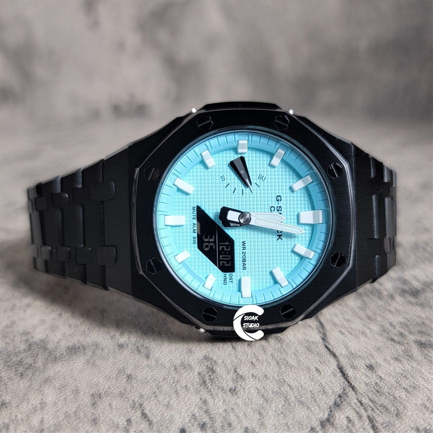 Casioak Mod Watch Black Case Metal Strap Tiff White Time Mark Tiff Blue Dial 44mm- Casioak Mod Casio G-Shock Royal Oak Custom Mens Luxury Watches Ga2100