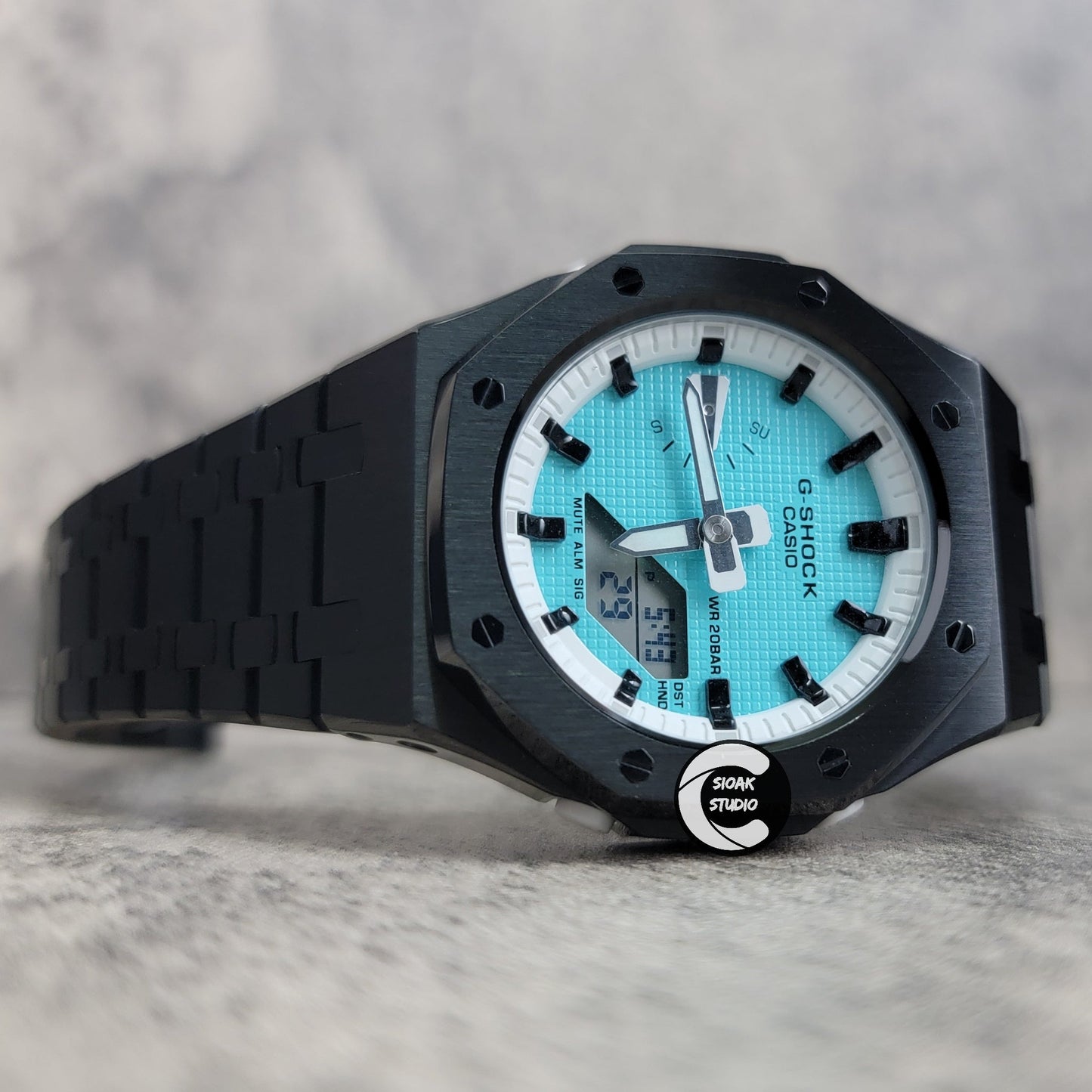 Casioak Mod Watch Black Case Metal Strap White Black Time Mark Tiff Blue Dial 42mm- Casioak Mod Casio G-Shock Royal Oak Custom Mens Luxury Watches Ga2100