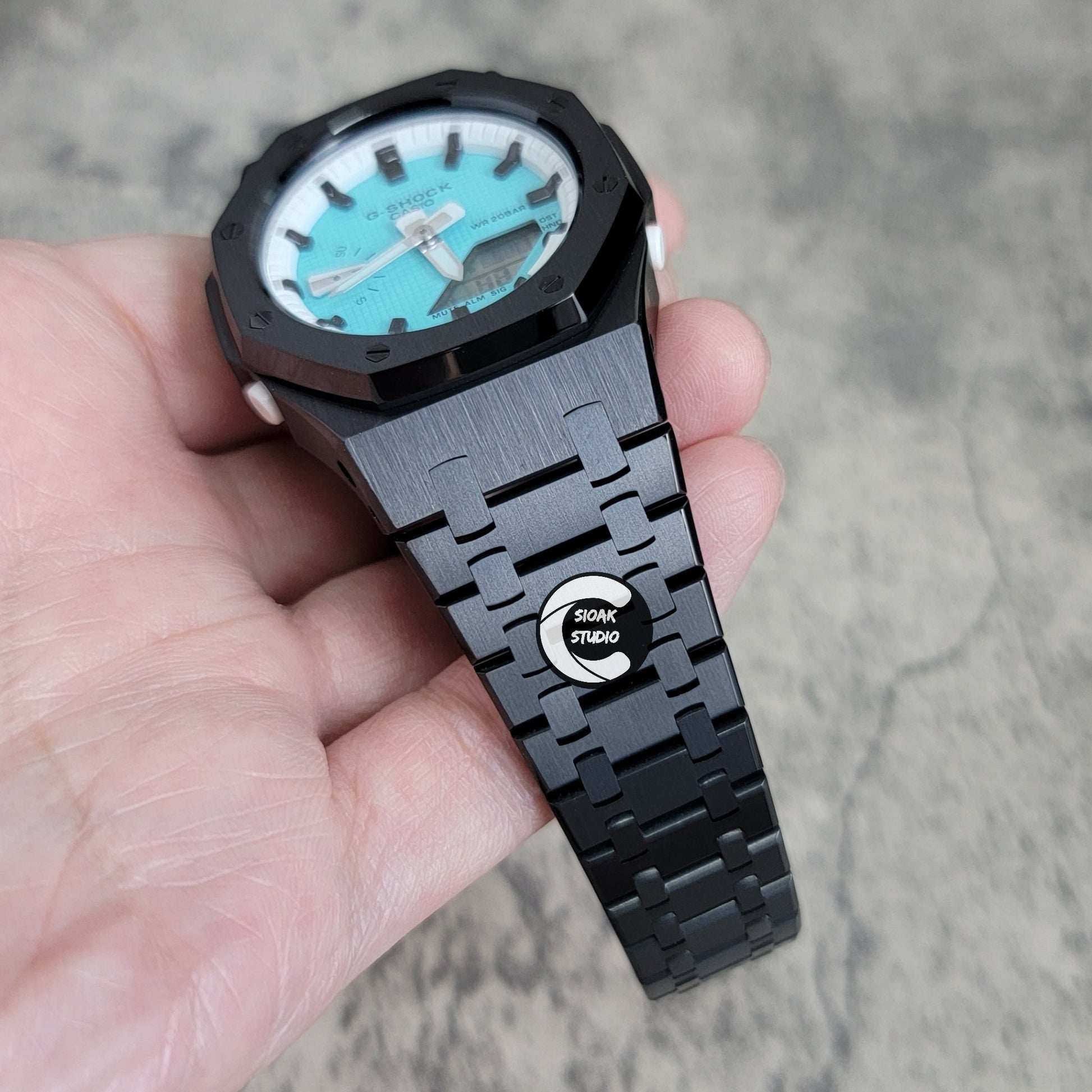 Casioak Mod Watch Black Case Metal Strap White Black Time Mark Tiff Blue Dial 42mm- Casioak Mod Casio G-Shock Royal Oak Custom Mens Luxury Watches Ga2100