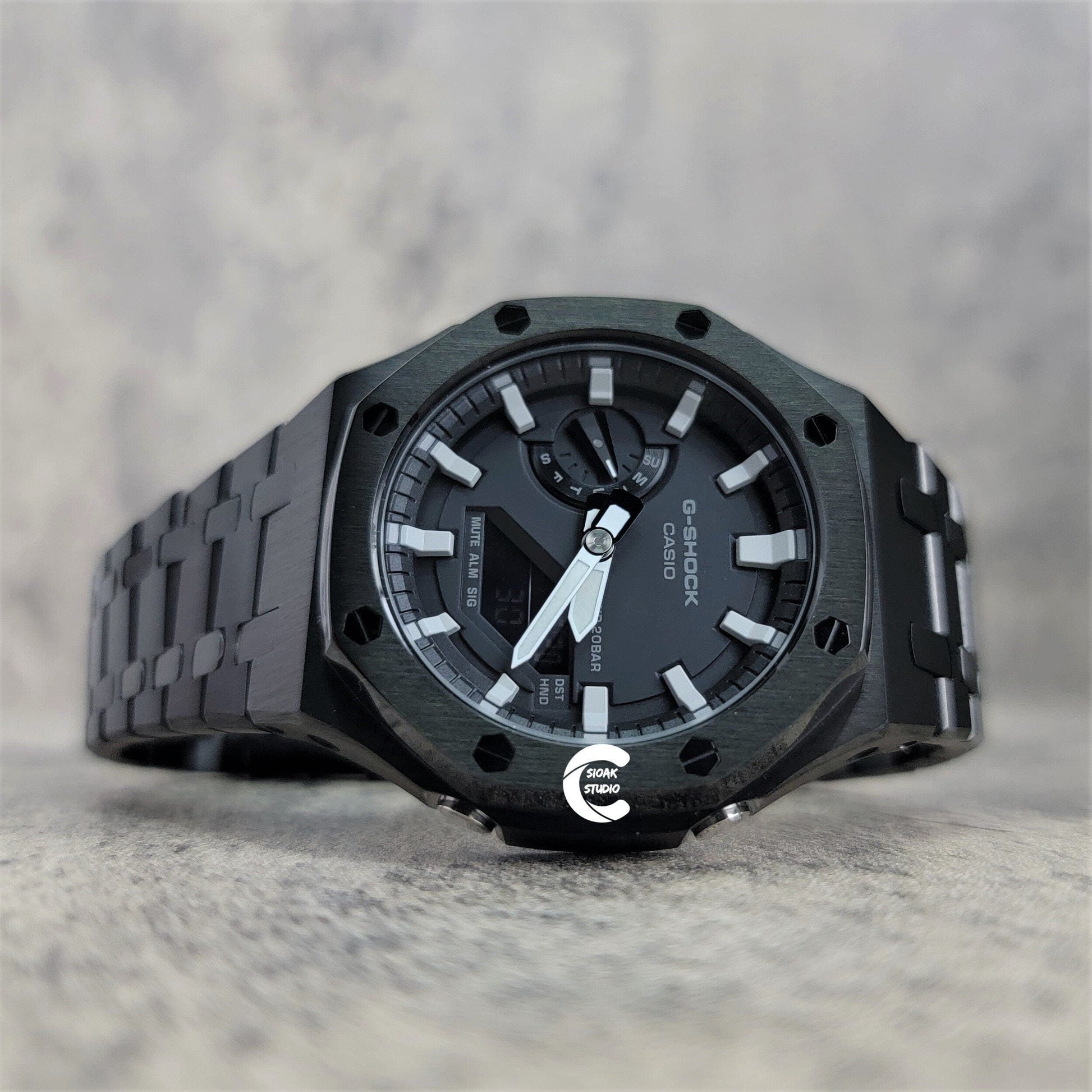 Casioak Mod Watch Black Case Mteal Rubber Strap Black Light Gray Time Mark Black Dial 44mm- Casioak Mod Casio G-Shock Royal Oak Custom Mens Luxury Watches Ga2100