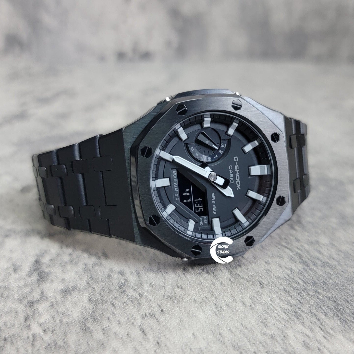 Casioak Mod Watch Black Case Mteal Rubber Strap Black Light Gray Time Mark Black Dial 44mm- Casioak Mod Casio G-Shock Royal Oak Custom Mens Luxury Watches Ga2100