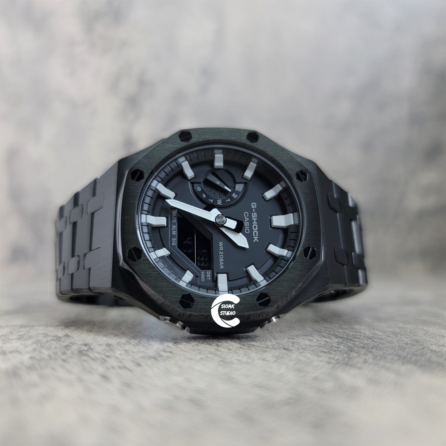 Casioak Mod Watch Black Case Mteal Rubber Strap Black Light Gray Time Mark Black Dial 44mm- Casioak Mod Casio G-Shock Royal Oak Custom Mens Luxury Watches Ga2100