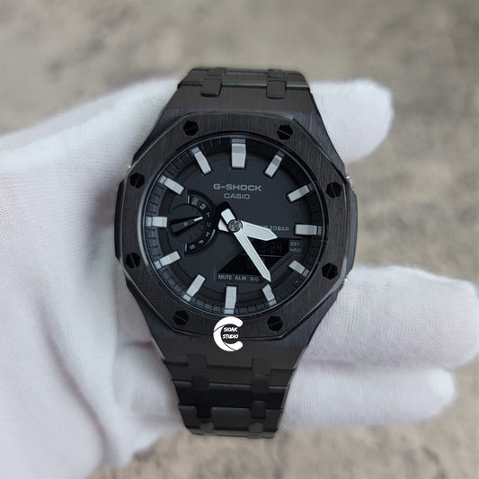 Casioak Mod Watch Black Case Mteal Rubber Strap Black Light Gray Time Mark Black Dial 44mm- Casioak Mod Casio G-Shock Royal Oak Custom Mens Luxury Watches Ga2100