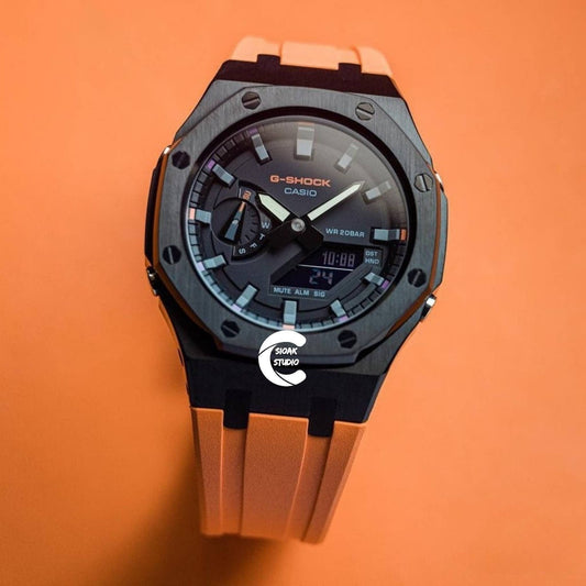 Casioak Mod Watch Black Case Orange Rubber Strap Black Gray Time Mark Black Dial 44mm- Casioak Mod Casio G-Shock Royal Oak Custom Mens Luxury Watches Ga2100