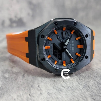 Casioak Mod Watch Black Case Orange Rubber Strap Black Orange Time Mark Black Dial 44mm- Casioak Mod Casio G-Shock Royal Oak Custom Mens Luxury Watches Ga2100