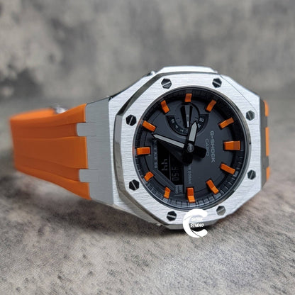 Casioak Mod Watch Black Case Orange Rubber Strap Black Orange Time Mark Black Dial 44mm- Casioak Mod Casio G-Shock Royal Oak Custom Mens Luxury Watches Ga2100