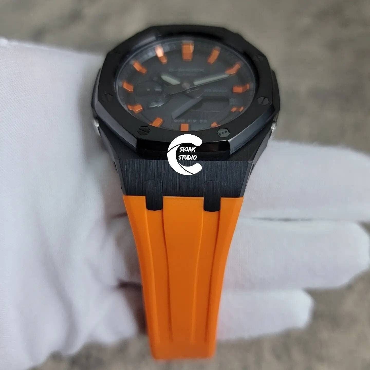 Casioak Mod Watch Black Case Orange Rubber Strap Black Orange Time Mark Black Dial 44mm- Casioak Mod Casio G-Shock Royal Oak Custom Mens Luxury Watches Ga2100