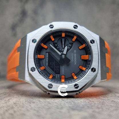 Casioak Mod Watch Black Case Orange Rubber Strap Black Orange Time Mark Black Dial 44mm- Casioak Mod Casio G-Shock Royal Oak Custom Mens Luxury Watches Ga2100