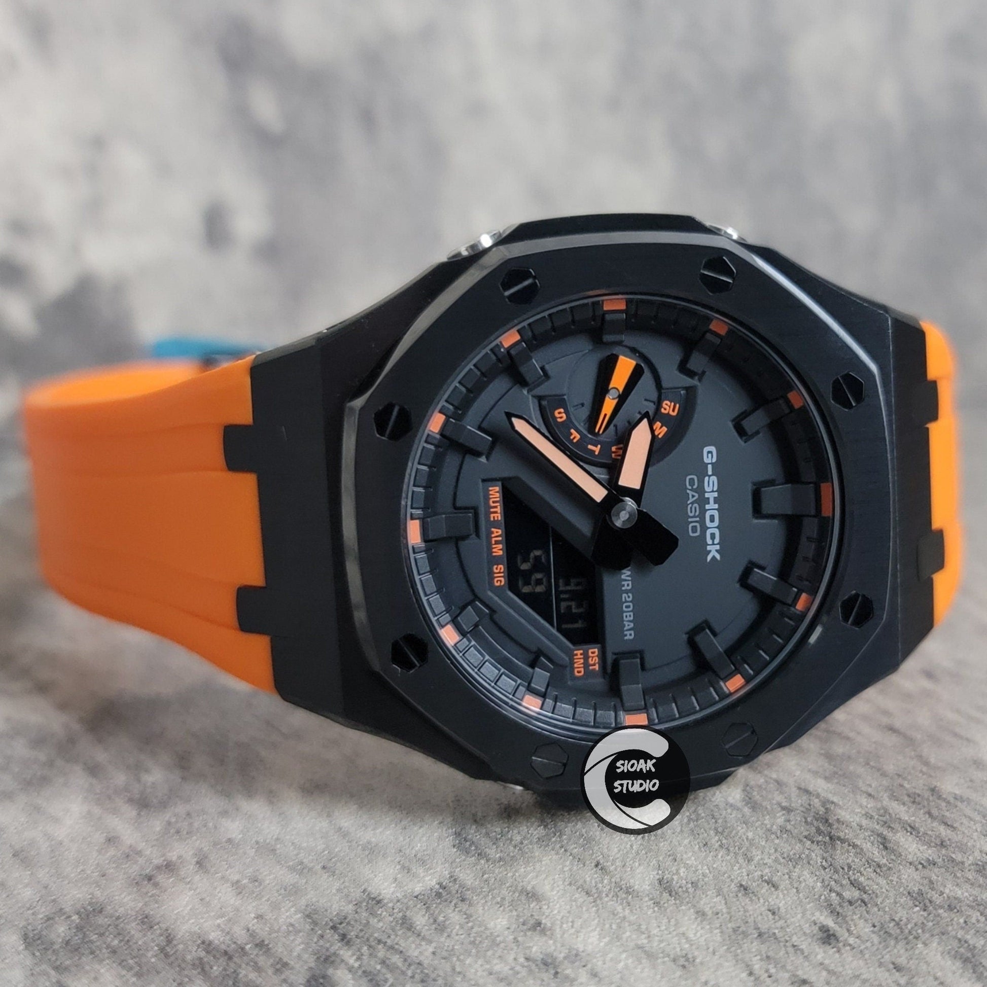 Casioak Mod Watch Black Case Orange Rubber Strap Black Orange Time Mark Black Dial 44mm- Casioak Mod Casio G-Shock Royal Oak Custom Mens Luxury Watches Ga2100