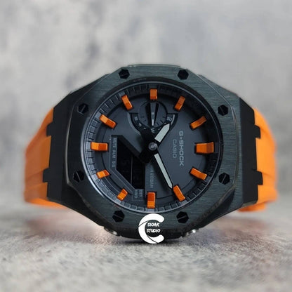 Casioak Mod Watch Black Case Orange Rubber Strap Black Orange Time Mark Black Dial 44mm- Casioak Mod Casio G-Shock Royal Oak Custom Mens Luxury Watches Ga2100