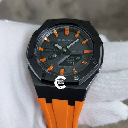 Casioak Mod Watch Black Case Orange Rubber Strap Black Orange Time Mark Black Dial 44mm- Casioak Mod Casio G-Shock Royal Oak Custom Mens Luxury Watches Ga2100