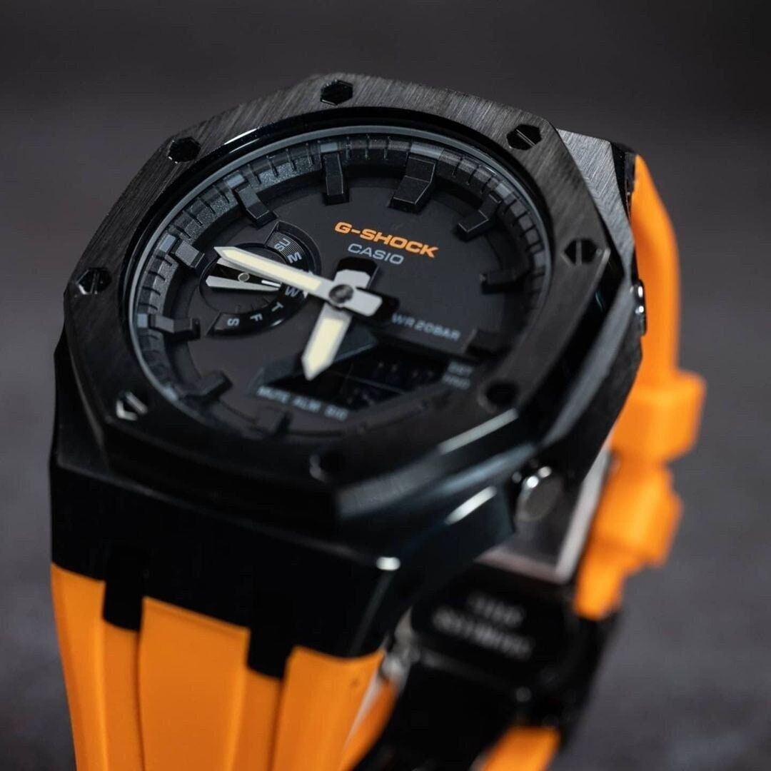 Casioak Mod Watch Black Case Orange Rubber Strap Black Time Mark Black Dial 44mm- Casioak Mod Casio G-Shock Royal Oak Custom Mens Luxury Watches Ga2100