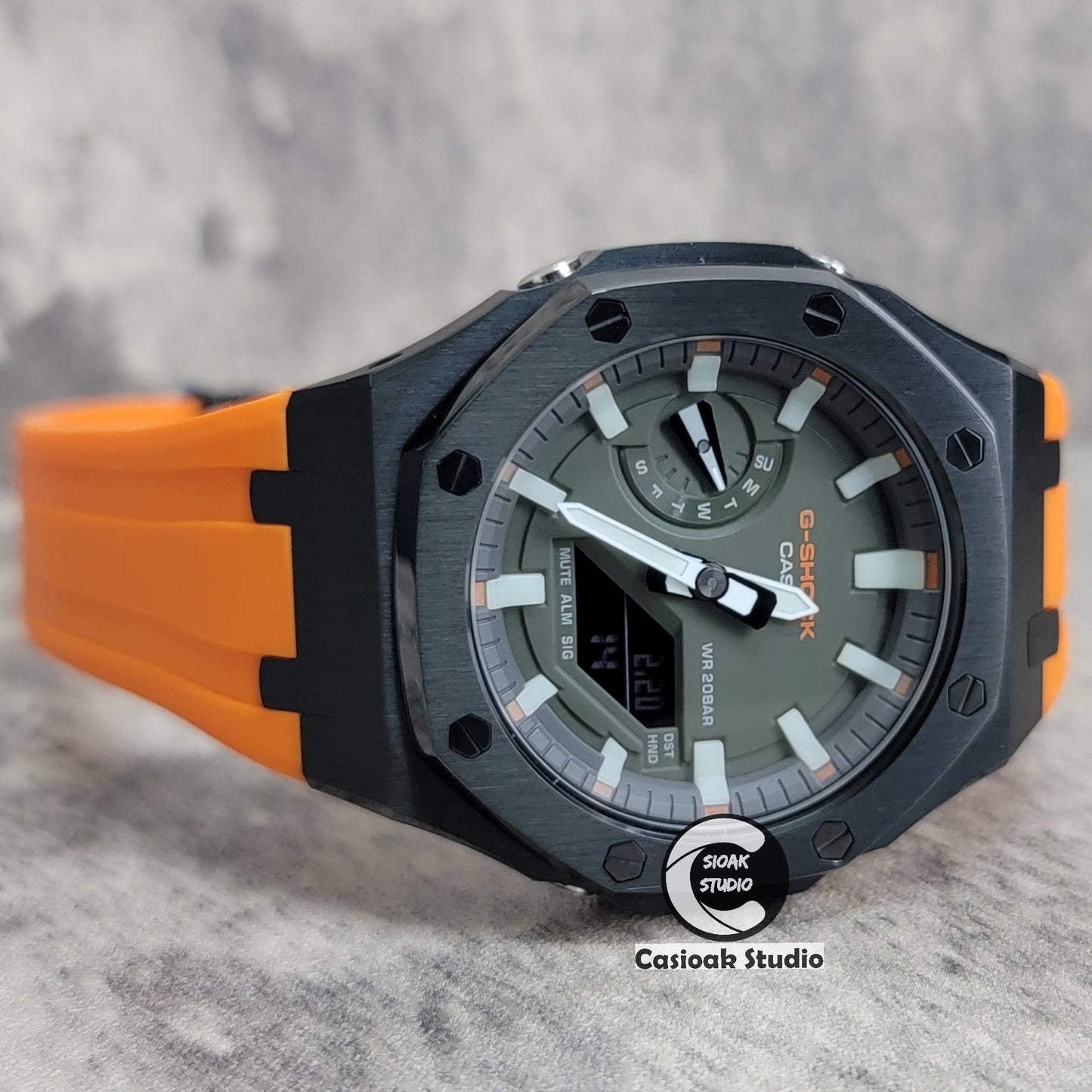 Casioak Mod Watch Black Case Orange Rubber Strap White Luminous Time Mark Olive Green Dial 44mm- Casioak Mod Casio G-Shock Royal Oak Custom Mens Luxury Watches Ga2100