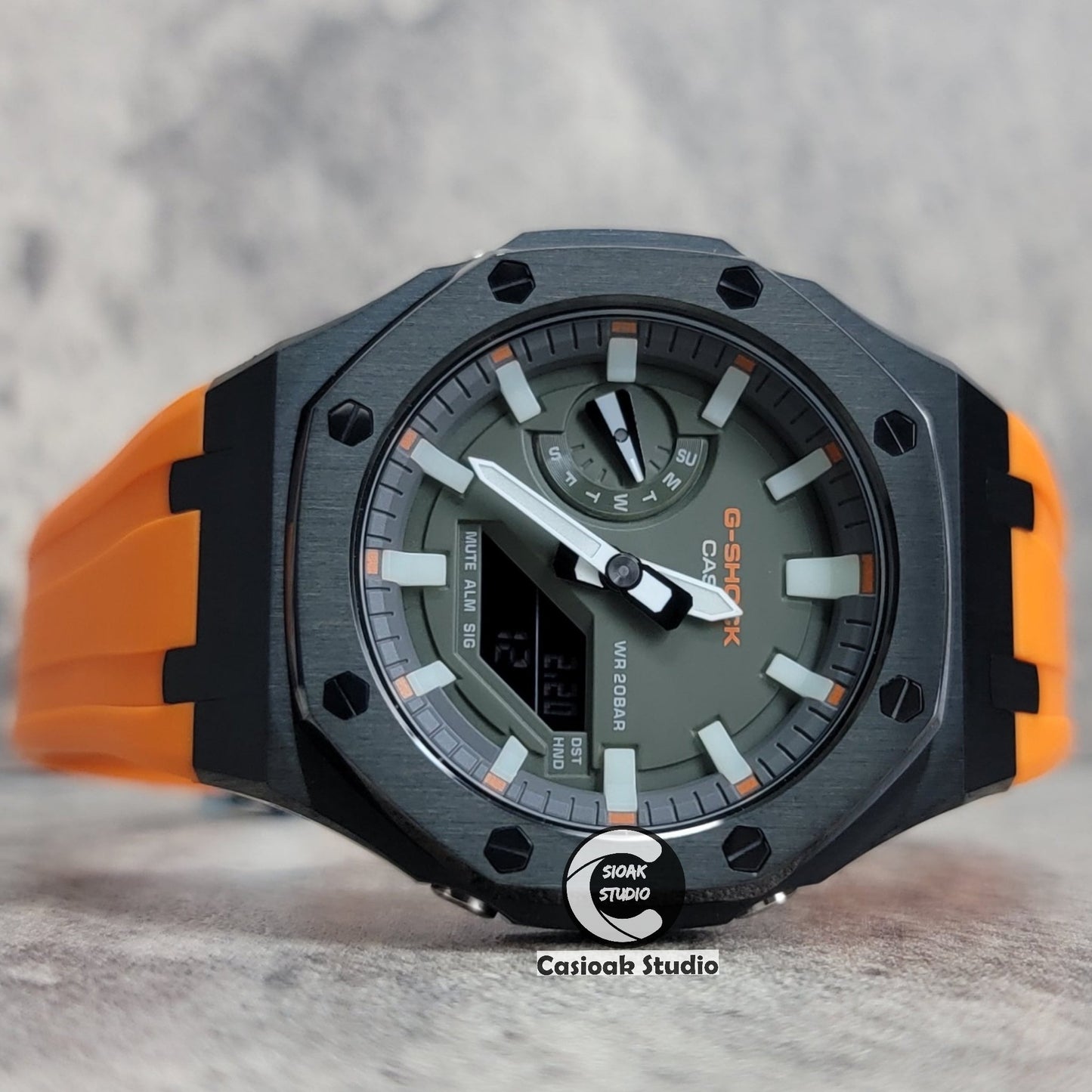 Casioak Mod Watch Black Case Orange Rubber Strap White Luminous Time Mark Olive Green Dial 44mm- Casioak Mod Casio G-Shock Royal Oak Custom Mens Luxury Watches Ga2100