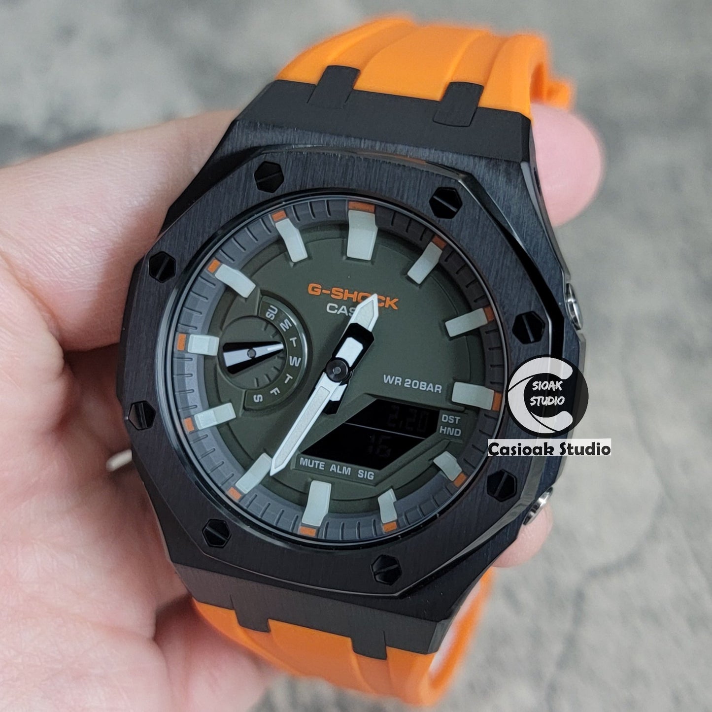 Casioak Mod Watch Black Case Orange Rubber Strap White Luminous Time Mark Olive Green Dial 44mm- Casioak Mod Casio G-Shock Royal Oak Custom Mens Luxury Watches Ga2100