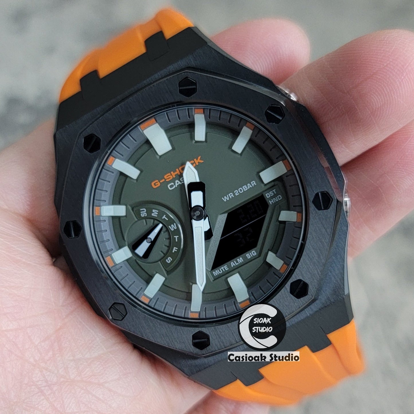 Casioak Mod Watch Black Case Orange Rubber Strap White Luminous Time Mark Olive Green Dial 44mm- Casioak Mod Casio G-Shock Royal Oak Custom Mens Luxury Watches Ga2100