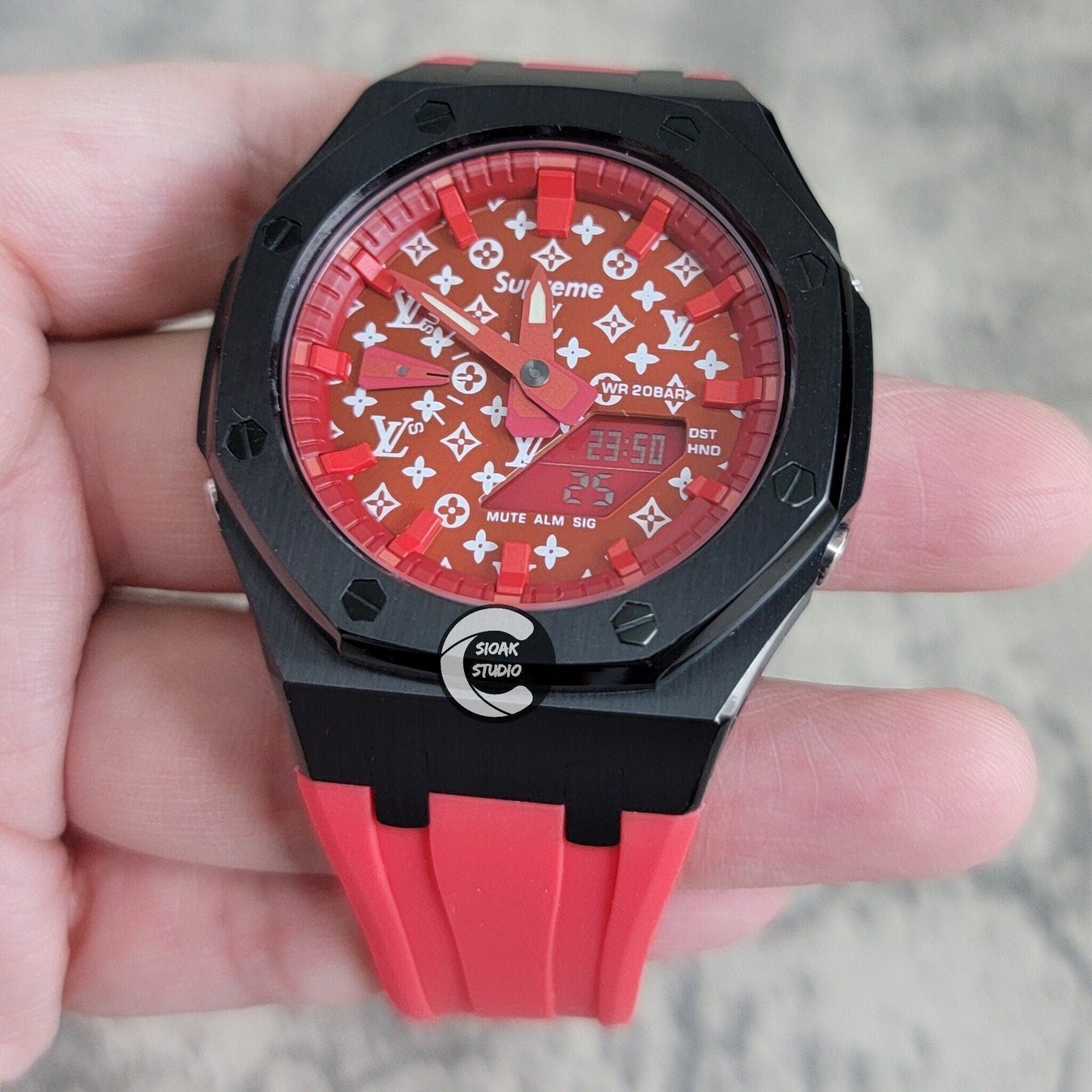 Casioak Mod Watch Black Case Red Rubber Strap Red Time Mark Red Dial 44mm- Casioak Mod Casio G-Shock Royal Oak Custom Mens Luxury Watches Ga2100