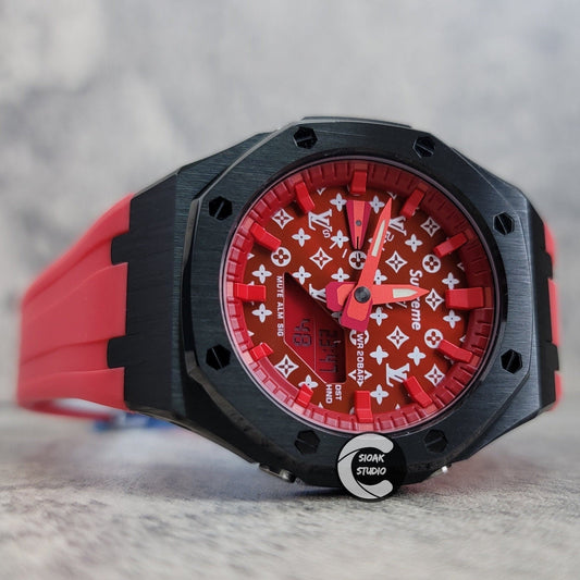 Casioak Mod Watch Black Case Red Rubber Strap Red Time Mark Red Dial 44mm- Casioak Mod Casio G-Shock Royal Oak Custom Mens Luxury Watches Ga2100