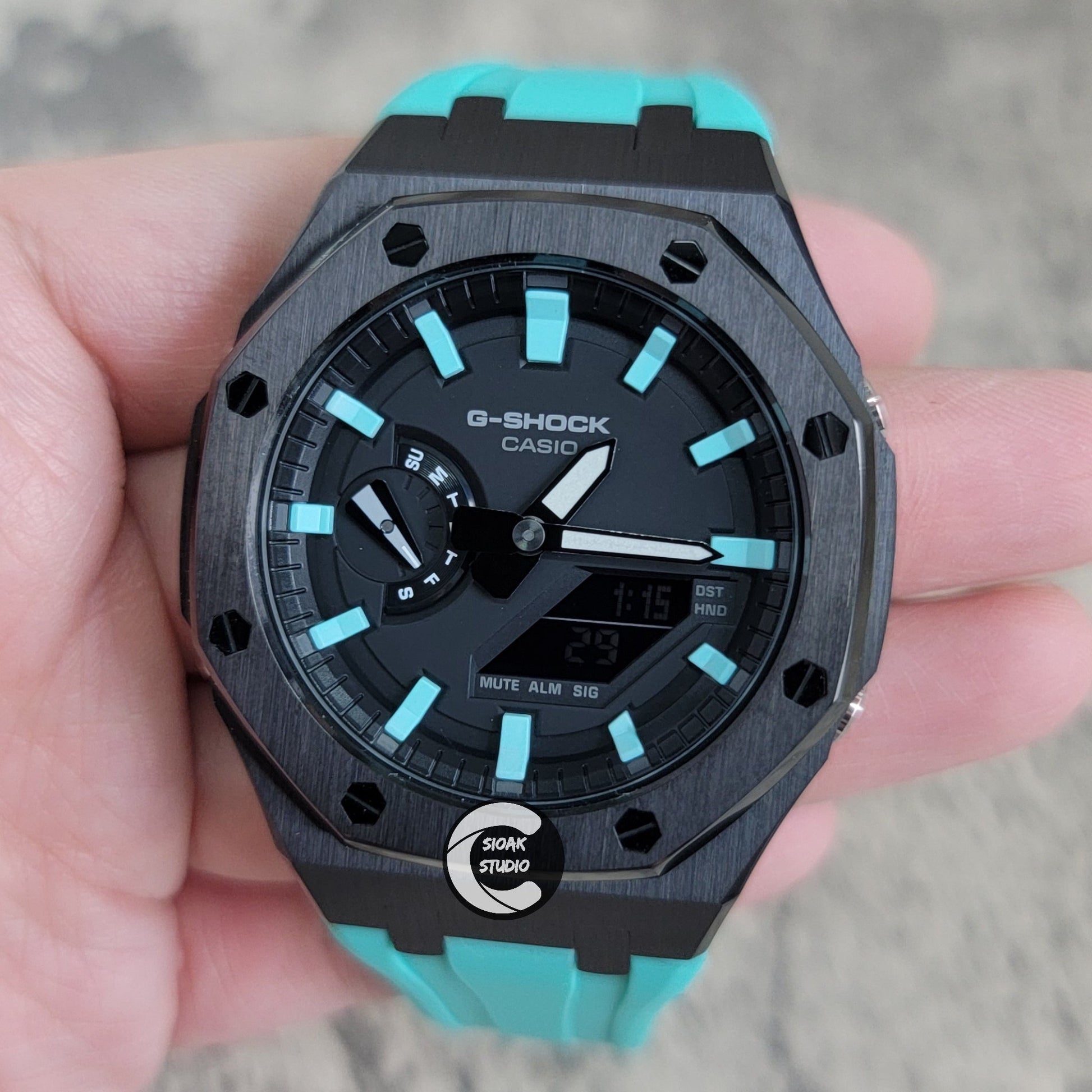 Casioak Mod Watch Black Case Tiff Rubber Strap Black Tiff Time Mark Black Dial 44mm- Casioak Mod Casio G-Shock Royal Oak Custom Mens Luxury Watches Ga2100