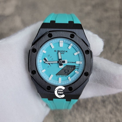 Casioak Mod Watch Black Case Tiff Rubber Strap Blue White Time Mark Tiff Dial 42mm- Casioak Mod Casio G-Shock Royal Oak Custom Mens Luxury Watches Ga2100