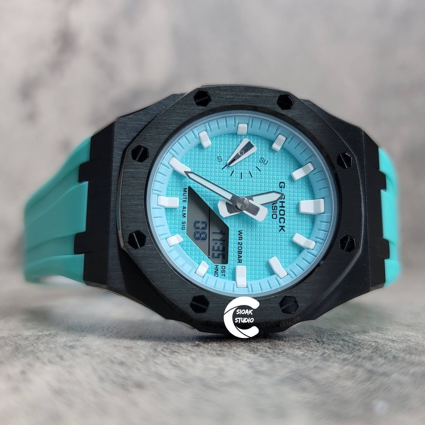 Casioak Mod Watch Black Case Tiff Rubber Strap Blue White Time Mark Tiff Dial 42mm- Casioak Mod Casio G-Shock Royal Oak Custom Mens Luxury Watches Ga2100