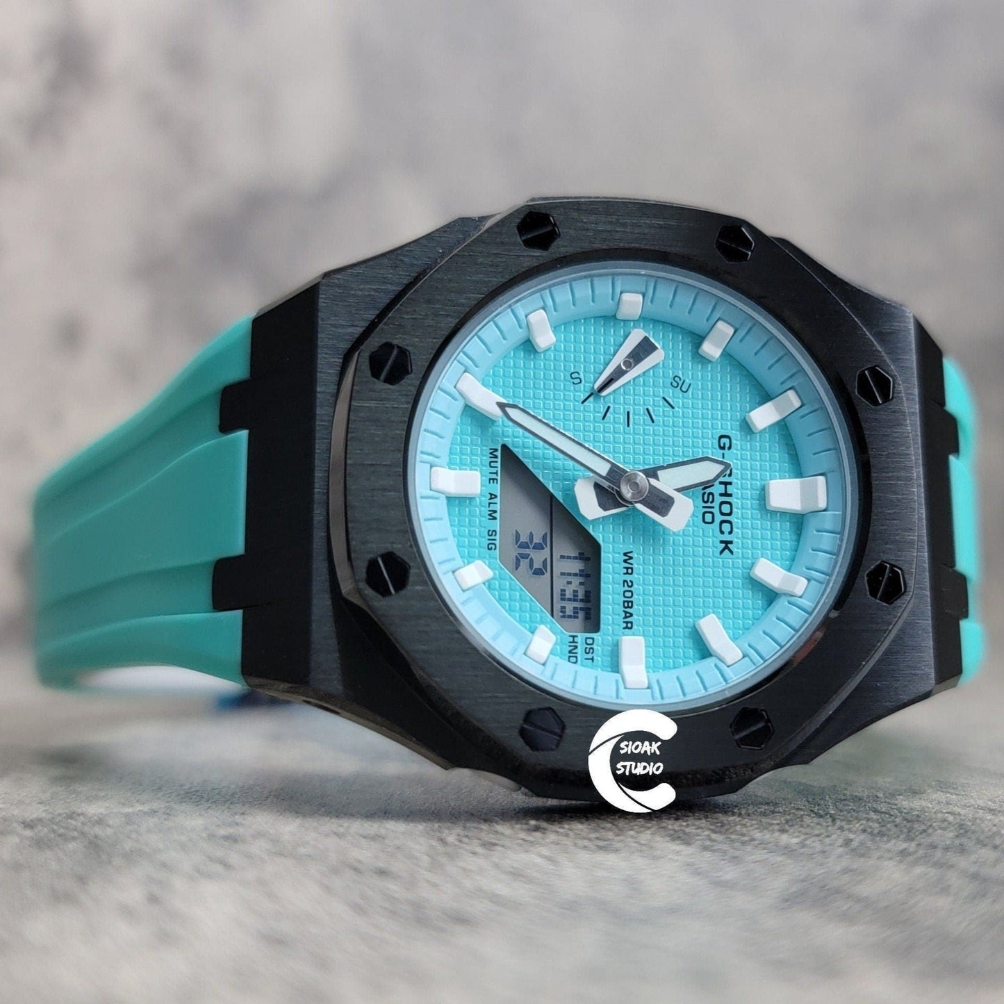 Casioak Mod Watch Black Case Tiff Rubber Strap Blue White Time Mark Tiff Dial 42mm- Casioak Mod Casio G-Shock Royal Oak Custom Mens Luxury Watches Ga2100