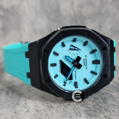 Casioak Mod Watch Black Case Tiff Rubber Strap Tiff Time Mark Tiff Blue Dial 44mm- Casioak Mod Casio G-Shock Royal Oak Custom Mens Luxury Watches Ga2100