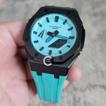 Casioak Mod Watch Black Case Tiff Rubber Strap Tiff Time Mark Tiff Blue Dial 44mm- Casioak Mod Casio G-Shock Royal Oak Custom Mens Luxury Watches Ga2100