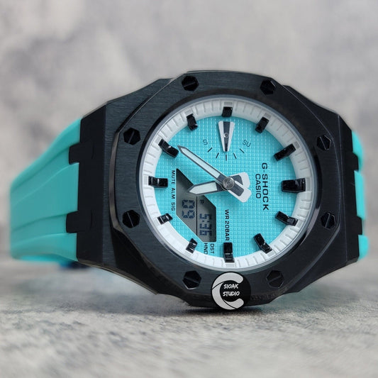 Casioak Mod Watch Black Case Tiff Rubber Strap White Black Time Mark Tiff Blue Dial 42mm- Casioak Mod Casio G-Shock Royal Oak Custom Mens Luxury Watches Ga2100