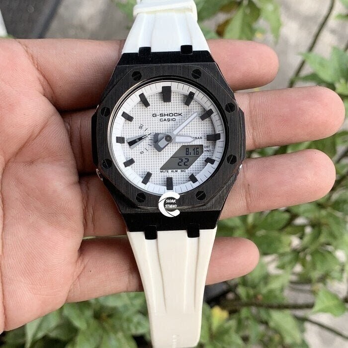 Casioak Mod Watch Black Case White Rubber Strap white Black Time Mark White Dial 44mm- Casioak Mod Casio G-Shock Royal Oak Custom Mens Luxury Watches Ga2100