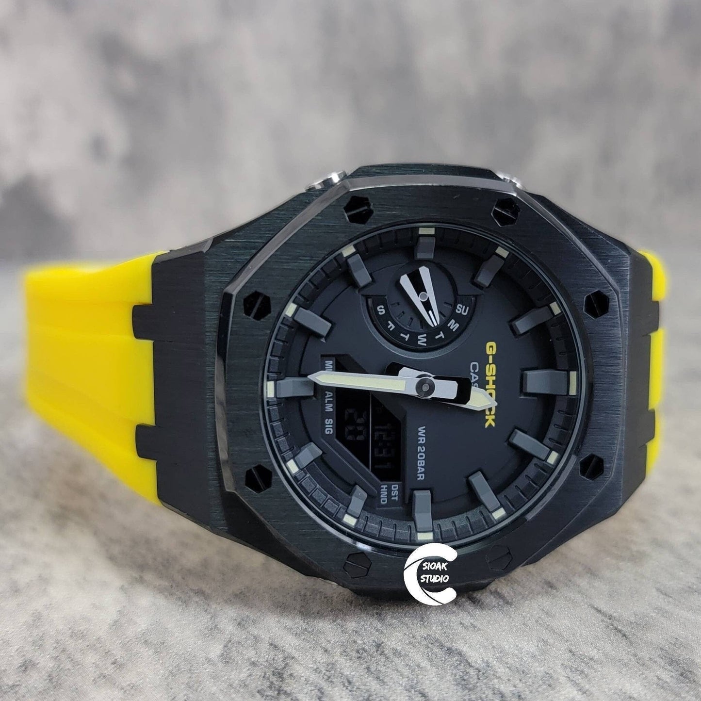 Casioak Mod Watch Black Case Yellow Rubber Strap Black Gray Time Mark Black Dial 44mm- Casioak Mod Casio G-Shock Royal Oak Custom Mens Luxury Watches Ga2100