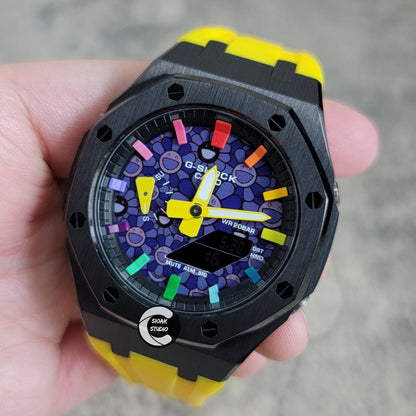 Casioak Mod Watch Black Case Yellow Rubber Strap Black Rainbow Time Mark Takashi Murakami Dial 44mm- Casioak Mod Casio G-Shock Royal Oak Custom Mens Luxury Watches Ga2100