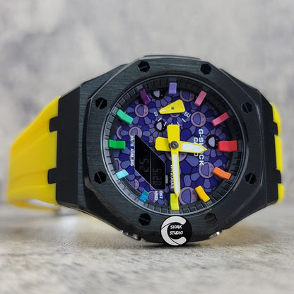 Casioak Mod Watch Black Case Yellow Rubber Strap Black Rainbow Time Mark Takashi Murakami Dial 44mm- Casioak Mod Casio G-Shock Royal Oak Custom Mens Luxury Watches Ga2100