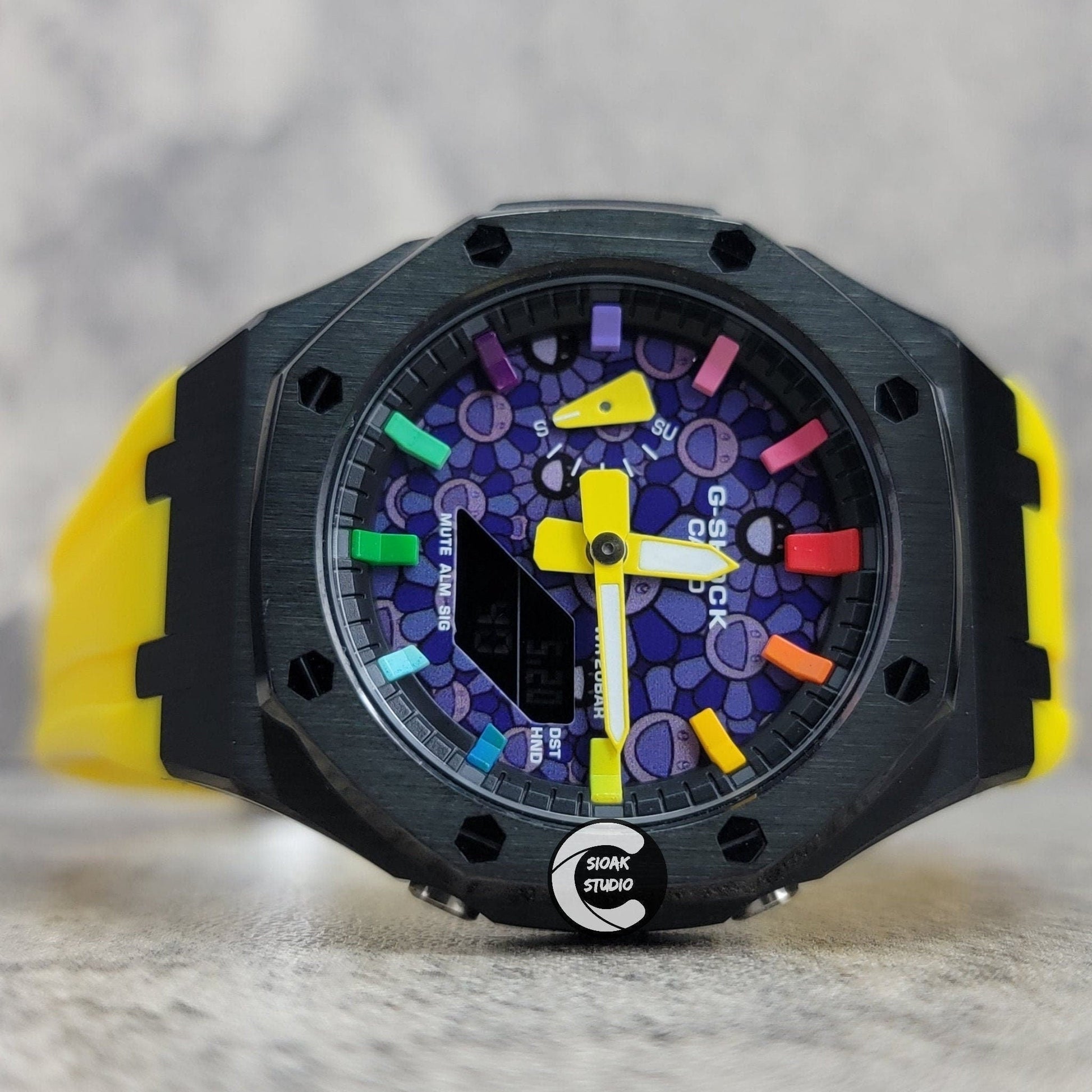 Casioak Mod Watch Black Case Yellow Rubber Strap Black Rainbow Time Mark Takashi Murakami Dial 44mm- Casioak Mod Casio G-Shock Royal Oak Custom Mens Luxury Watches Ga2100