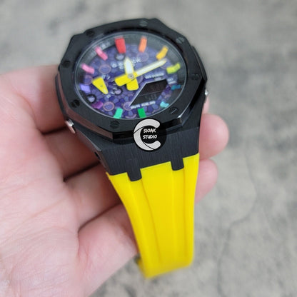 Casioak Mod Watch Black Case Yellow Rubber Strap Black Rainbow Time Mark Takashi Murakami Dial 44mm- Casioak Mod Casio G-Shock Royal Oak Custom Mens Luxury Watches Ga2100