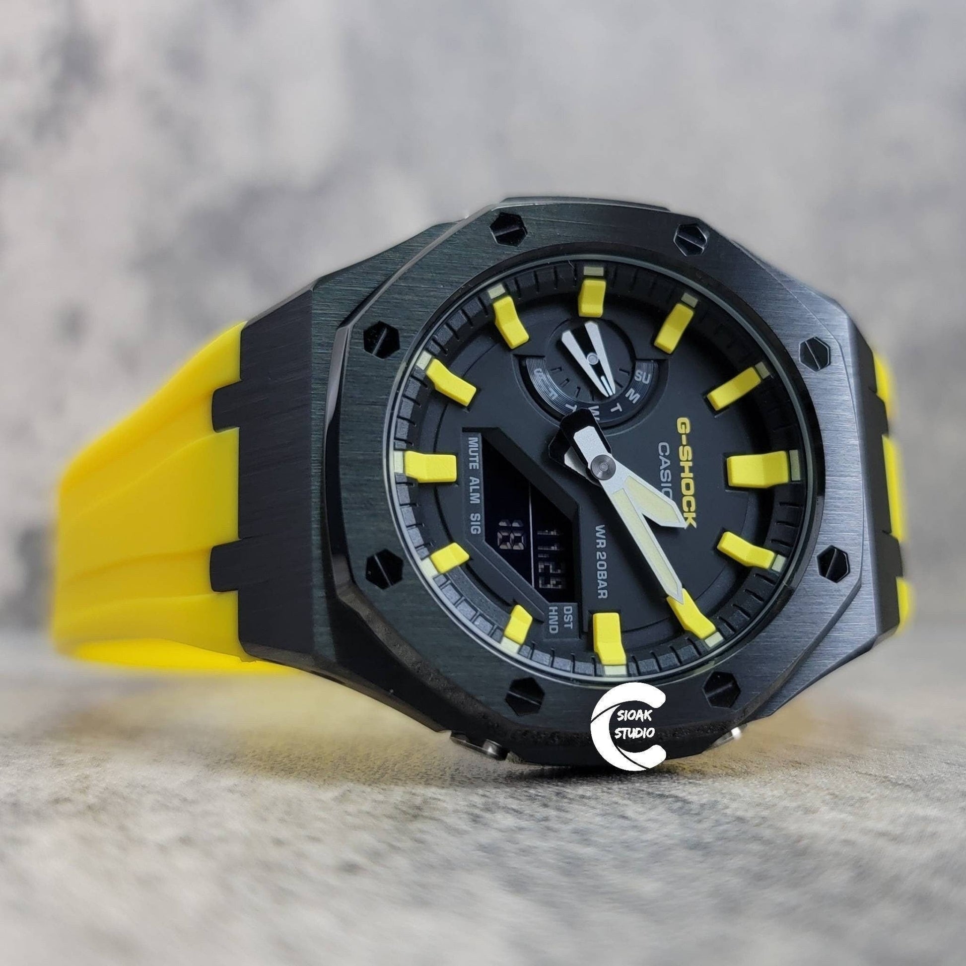 Casioak Mod Watch Black Case Yellow Rubber Strap Black Yellow Time Mark Black Dial 44mm- Casioak Mod Casio G-Shock Royal Oak Custom Mens Luxury Watches Ga2100