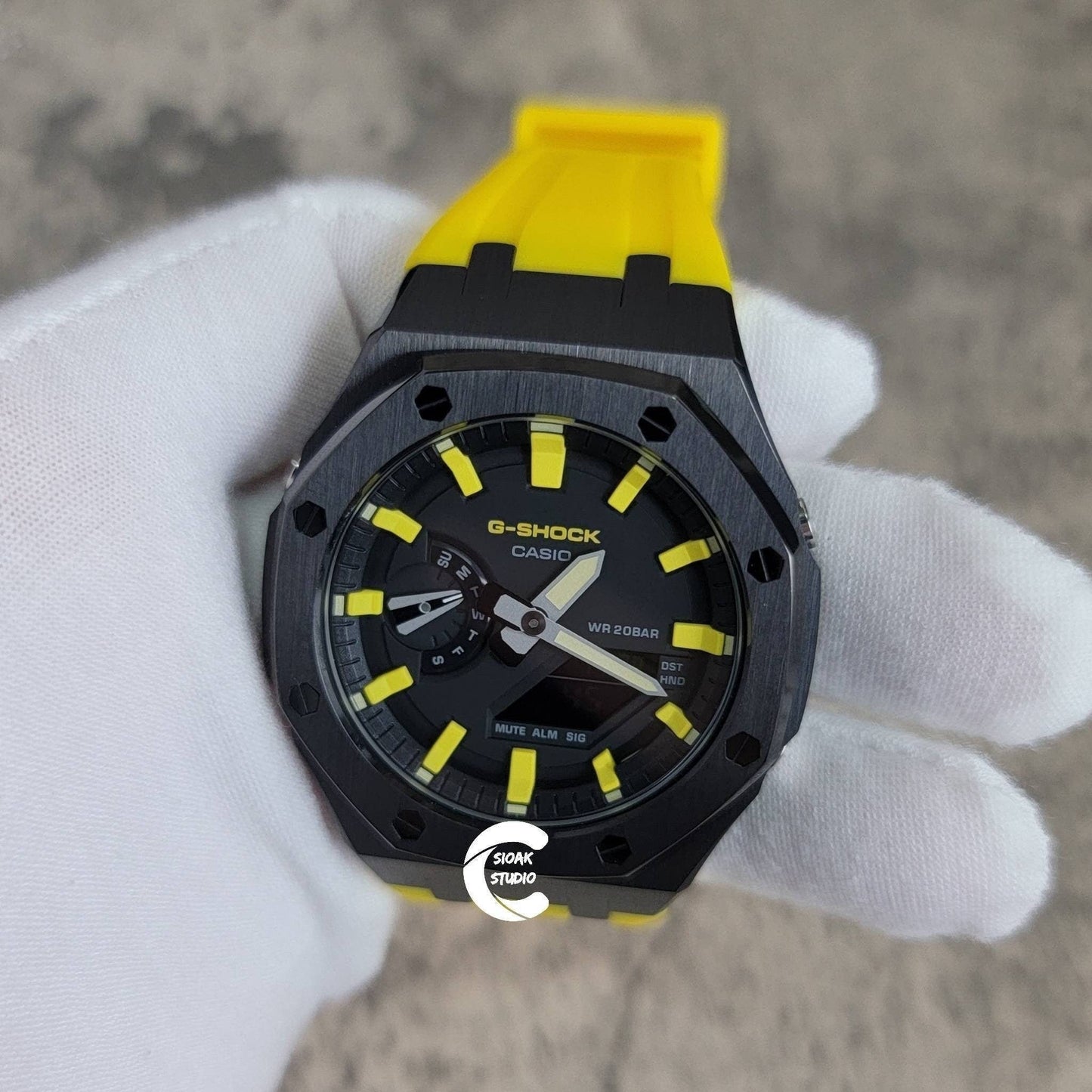 Casioak Mod Watch Black Case Yellow Rubber Strap Black Yellow Time Mark Black Dial 44mm- Casioak Mod Casio G-Shock Royal Oak Custom Mens Luxury Watches Ga2100