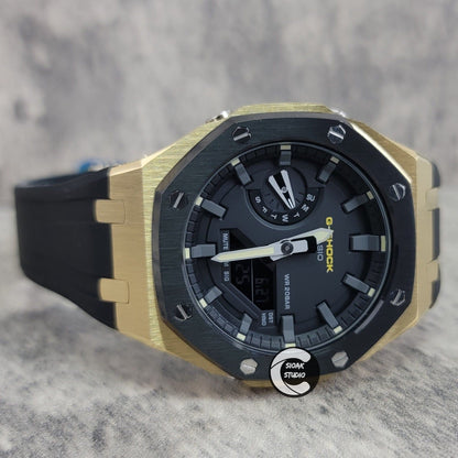 Casioak Mod Watch Black Gold Case Black Rubber Strap Black Black Time Mark Black Dial 44mm- Casioak Mod Casio G-Shock Royal Oak Custom Mens Luxury Watches Ga2100