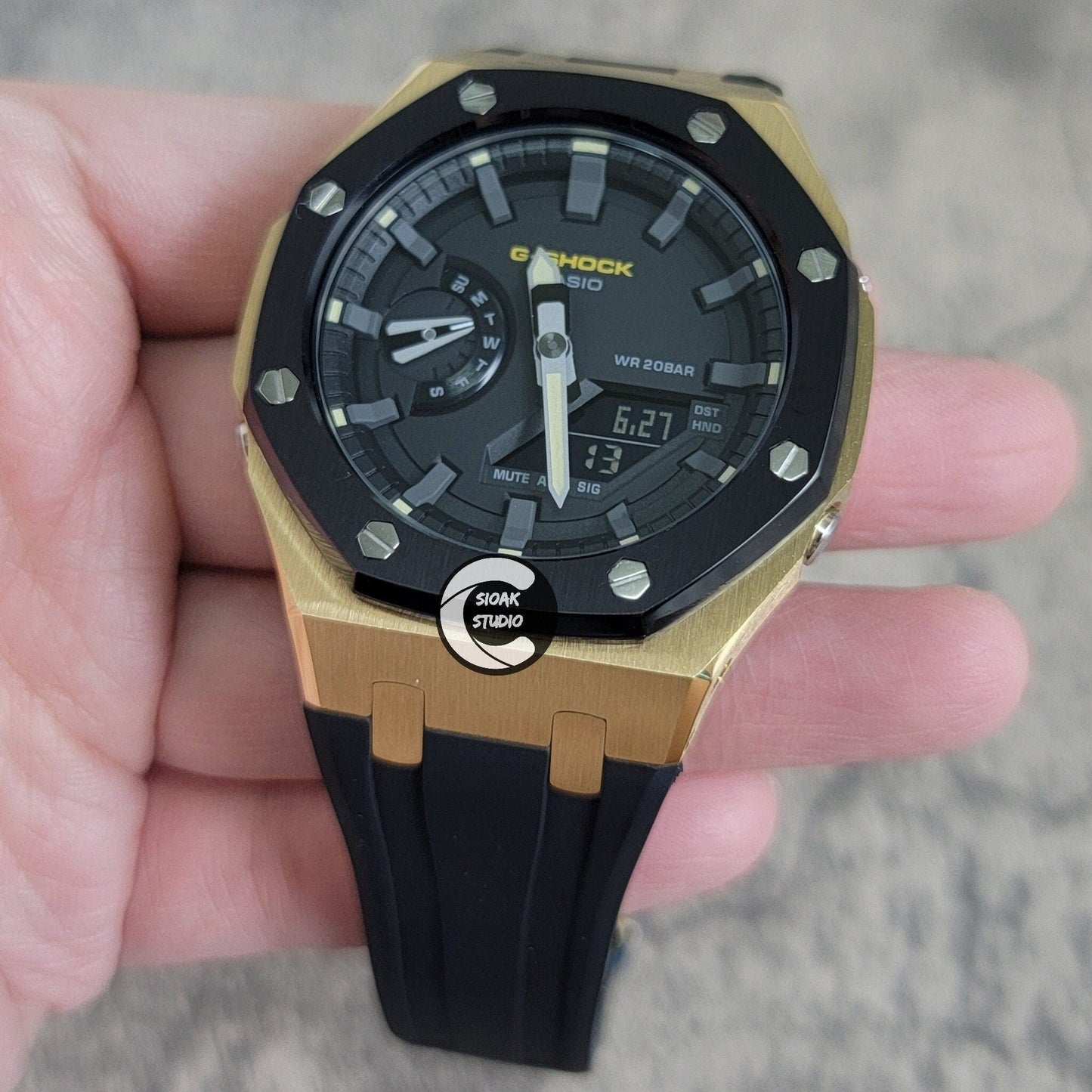 Casioak Mod Watch Black Gold Case Black Rubber Strap Black Black Time Mark Black Dial 44mm- Casioak Mod Casio G-Shock Royal Oak Custom Mens Luxury Watches Ga2100